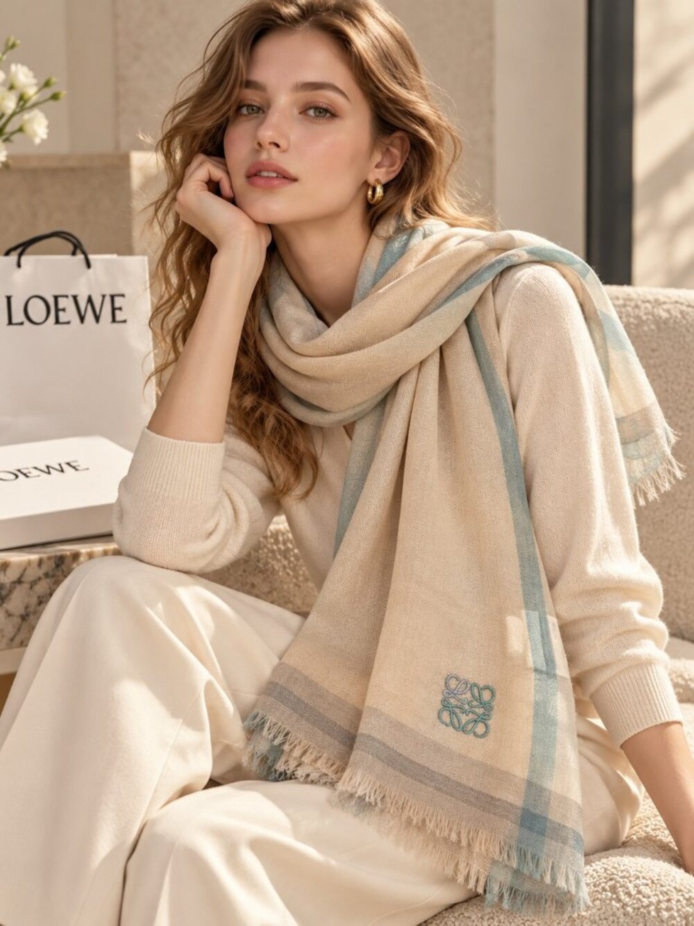 NWT Authentic LOEWE Beige Blue Anagram Fringe Scarf Shawl